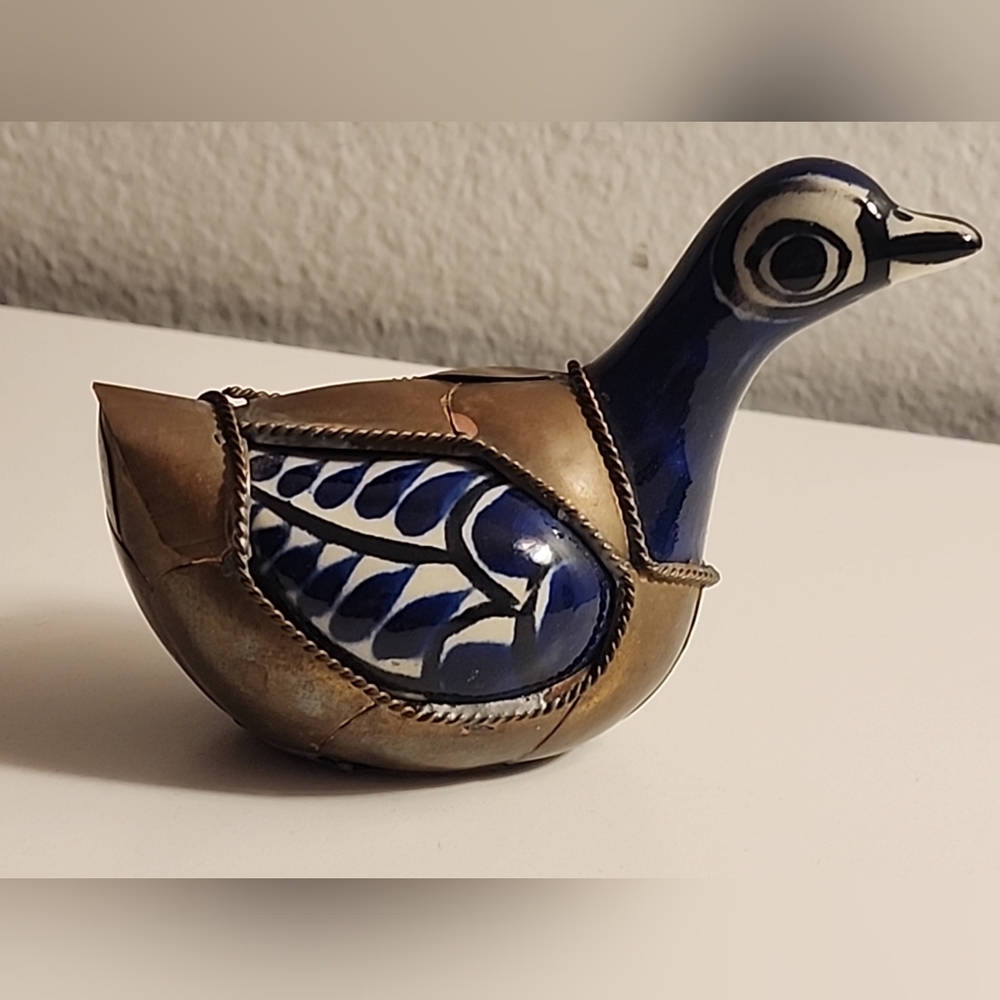 Vintage Mexican Tonala Duck / Bird Hand Painted Glazed Ceramic Pottery Brass.
